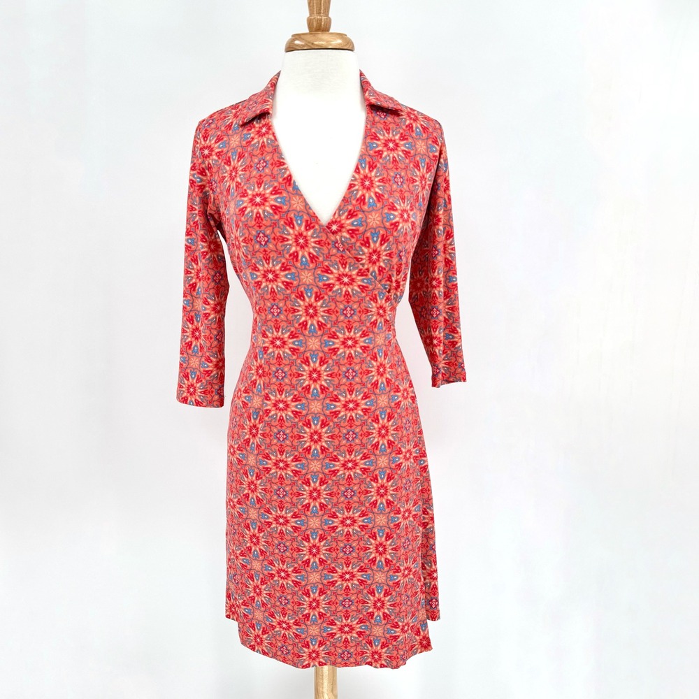 J.McLaughlin Womens XS Coral Red Geometric Kaleidoscope Wrap Dress 3/4 Sleeve